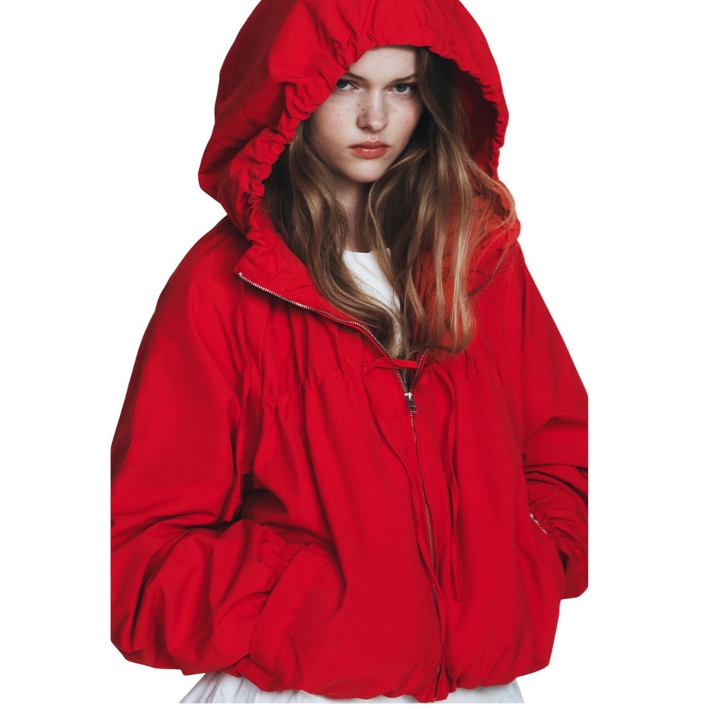 Zara Red Nylon Hooded Drawstring Bomber Windbreaker Jacket Size S